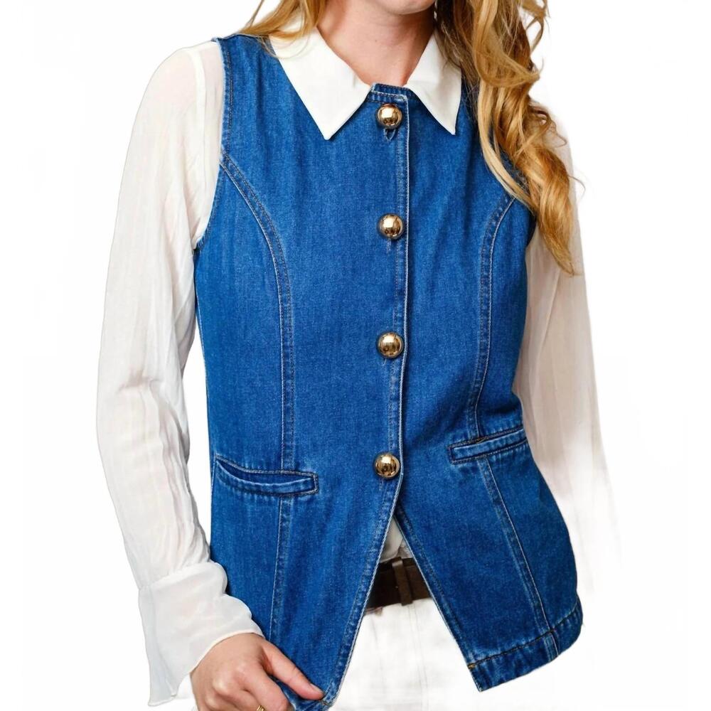 NEW BLUE B gold rush button denim western vest in med wash